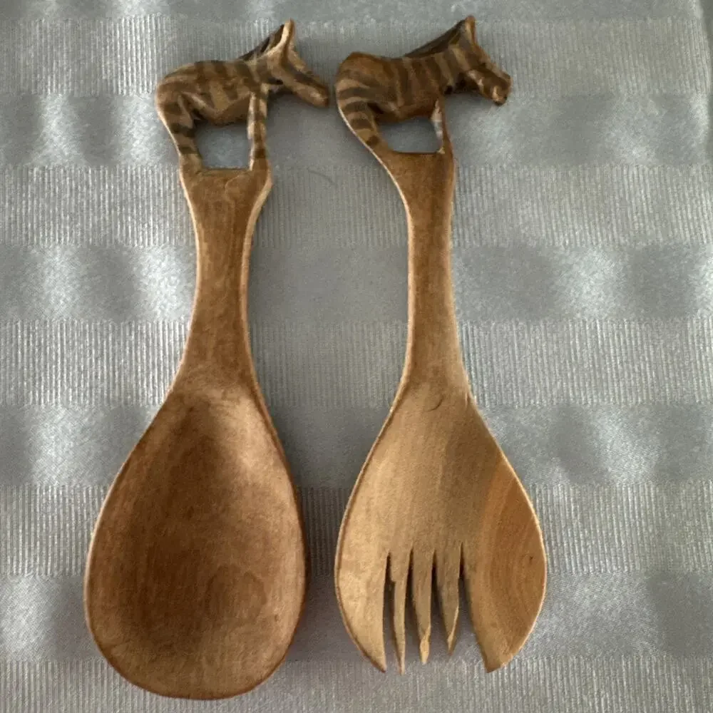 Hand Carved Wooden Serving Utensil Set Fork & Spoon Zebra